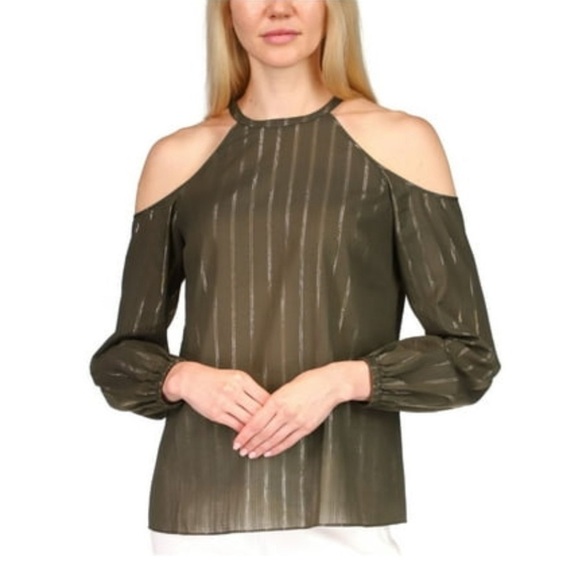 Michael Kors Metallic Stripe Cold-Shoulder Top Ivy work grandmacore light flowy - Picture 1 of 11